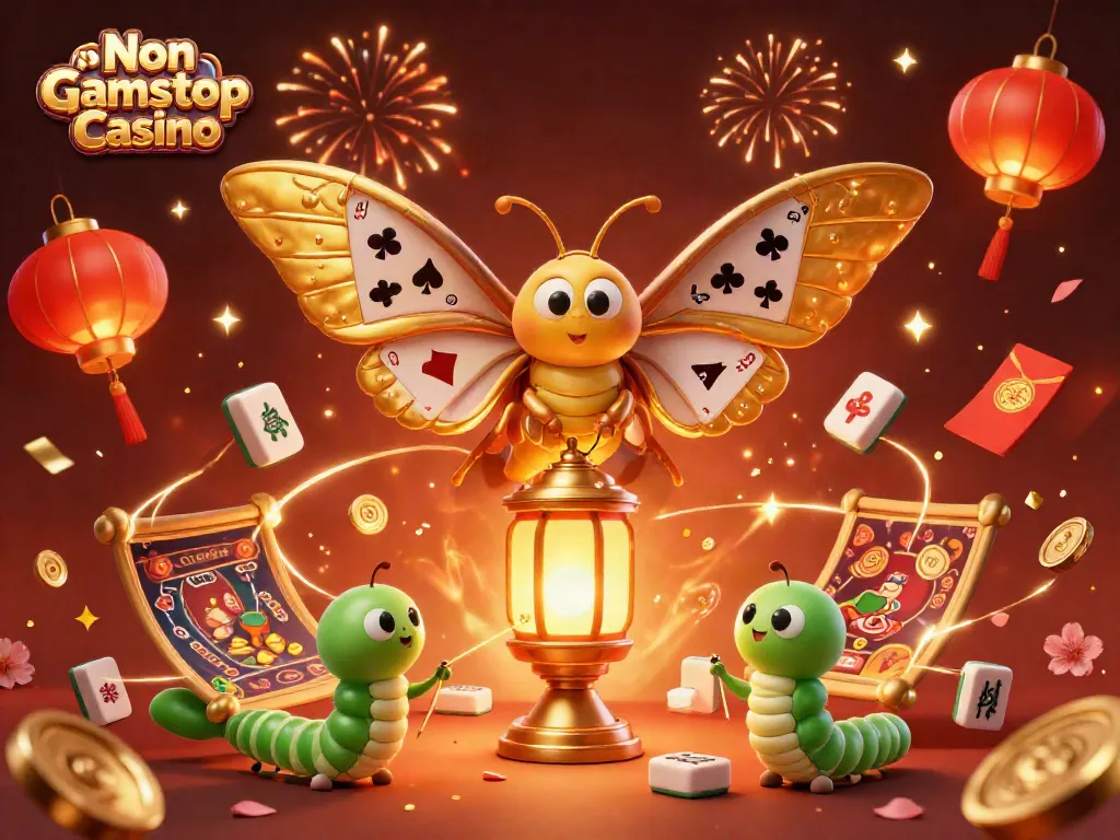 Enjoy the vibrant Non Gamstop Casino scene featuring a golden-winged moth and floating casino elements.