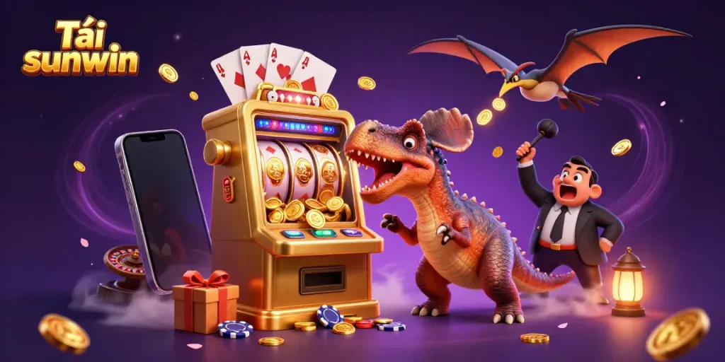 Experience the excitement of Tải sunwin with a dynamic casino scene featuring dinosaurs and thrilling games.
