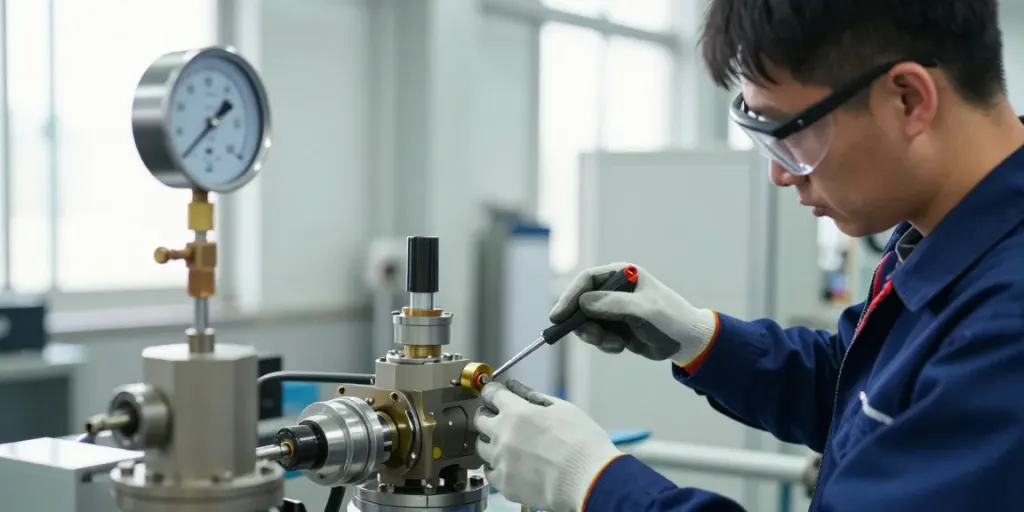 Technician calibrating a pressure switch in an industrial setting, representing a leading pressure switch manufacturer.