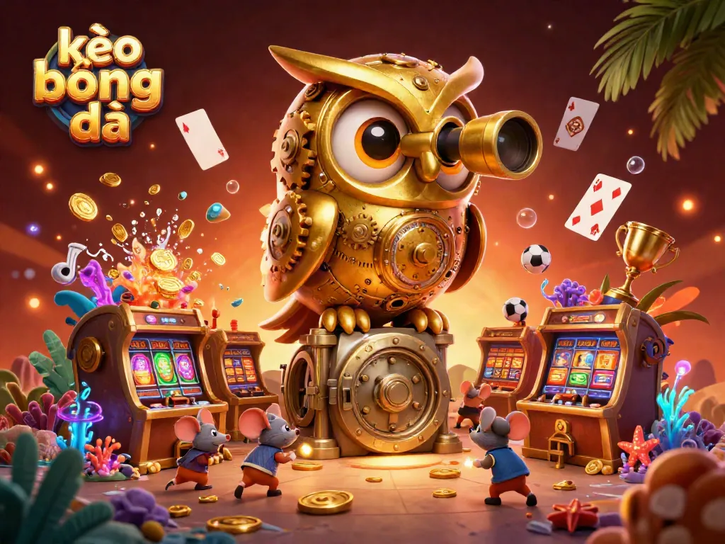 Engage with kèo bóng đá through a vibrant 3D illustration featuring a golden owl overseeing a dynamic sports betting scene.