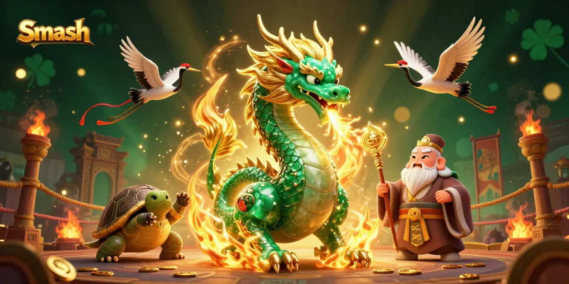 Experience Smash Casino’s excitement with a jade dragon, turtle sage, and lucky cranes in a vibrant gaming scene