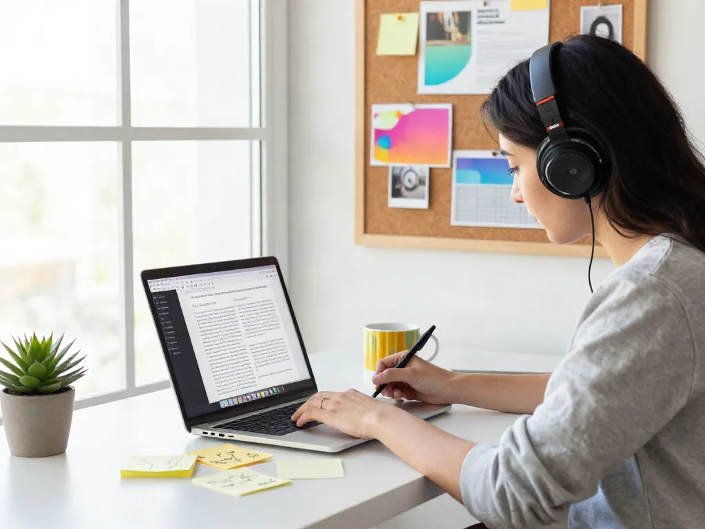 Content creator researching and writing with a laptop in a modern workspace, emphasizing the keyword read more here.