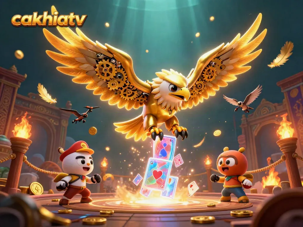 Cakhiatv showcases a cybernetic eagle amidst holographic casino elements, enhancing the gambling experience.