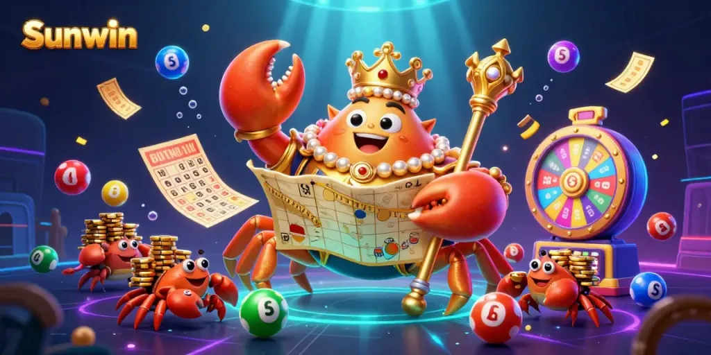 Experience thrilling gameplay at Sunwin with a vibrant illustration showcasing a golden crab emperor and dynamic casino elements.