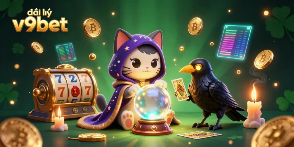 Engage with đại lý v9bet in this colorful 3D casino illustration featuring mystical characters and gaming elements.