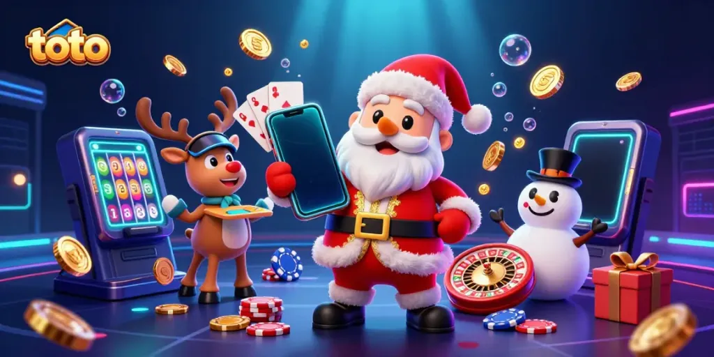 Spin jackpots at toto with Santa and friends in a vibrant casino-themed 3D illustration.