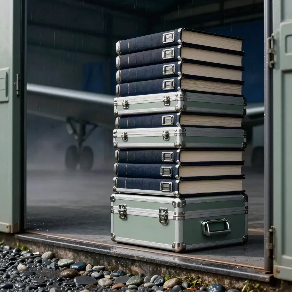 Aircraft logbooks, archive cases, and parts tags stacked on a wet stone threshold in misty dawn light.