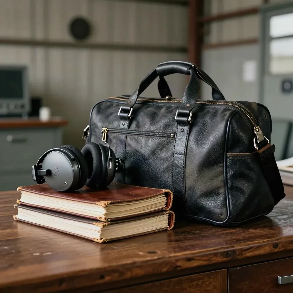 Worn aircraft logbooks, headset case and flight bag on a dark wood bench in moody aviation light.