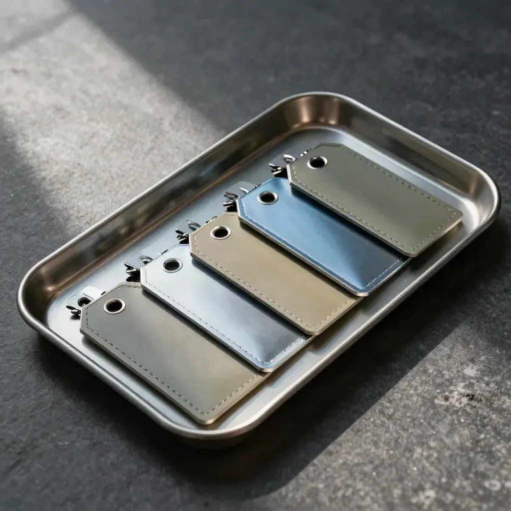 Macro still life of aviation parts pouches, anodized tags, and a brushed metal tray on slate.