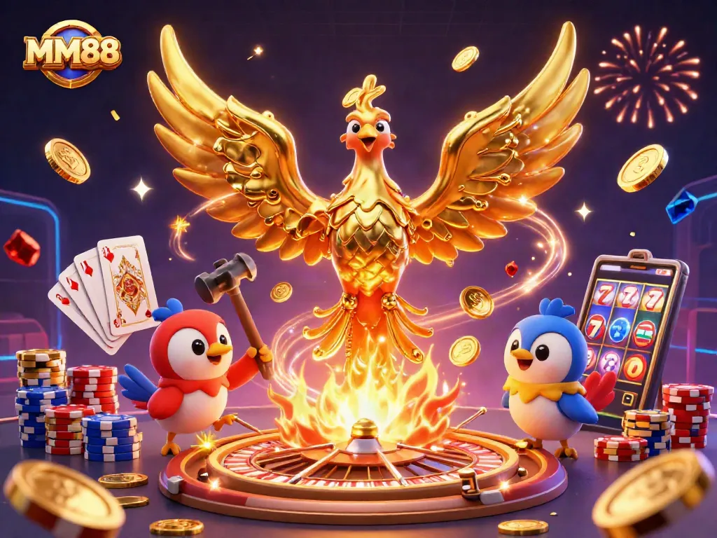Win big on MM88 with a dynamic illustration of golden phoenix and casino elements.