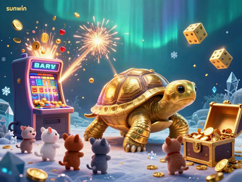 Experience the excitement of sunwin with a vibrant scene of a golden tortoise pinball machine surrounded by festive casino elements.