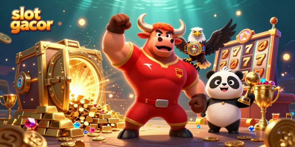 Raih kemenangan dengan slot gacor, simbol keberuntungan berkilauan menyertai para karakter slot di dalam ilustrasi