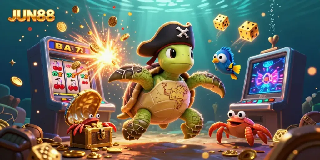 Experience thrilling casino fun with JUN88 featuring an adventurous pirate turtle and friends celebrating a big win.