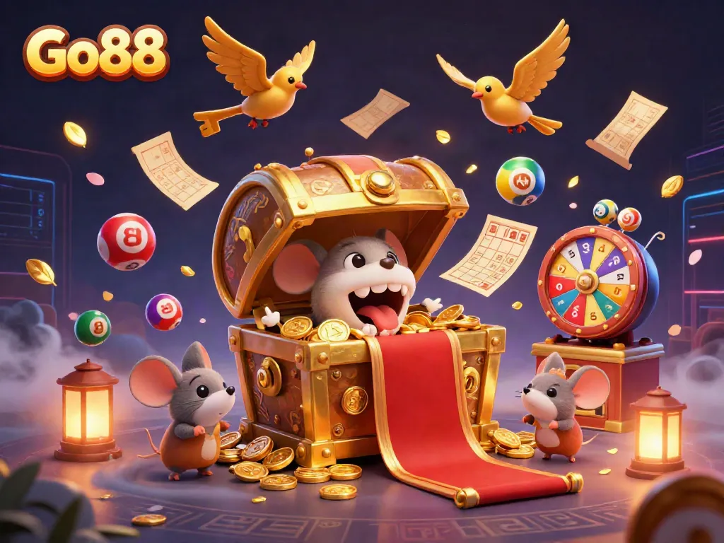 Spin and win at Go88 with colorful lottery balls and a golden treasure chest luring adventurous players.
