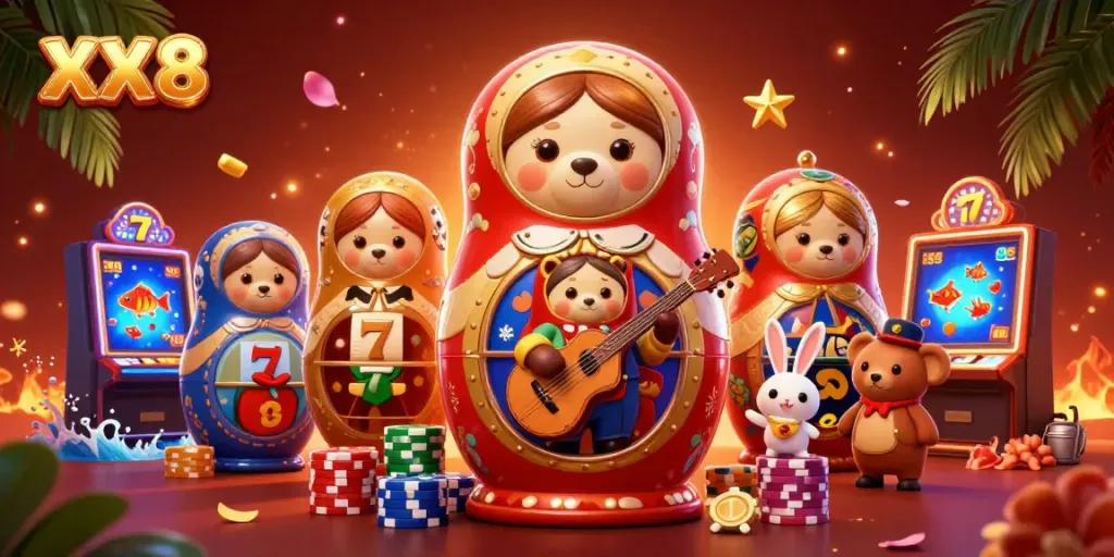 Experience the excitement of XX 8 with vibrant casino features, including colorful slot reels and animated characters.