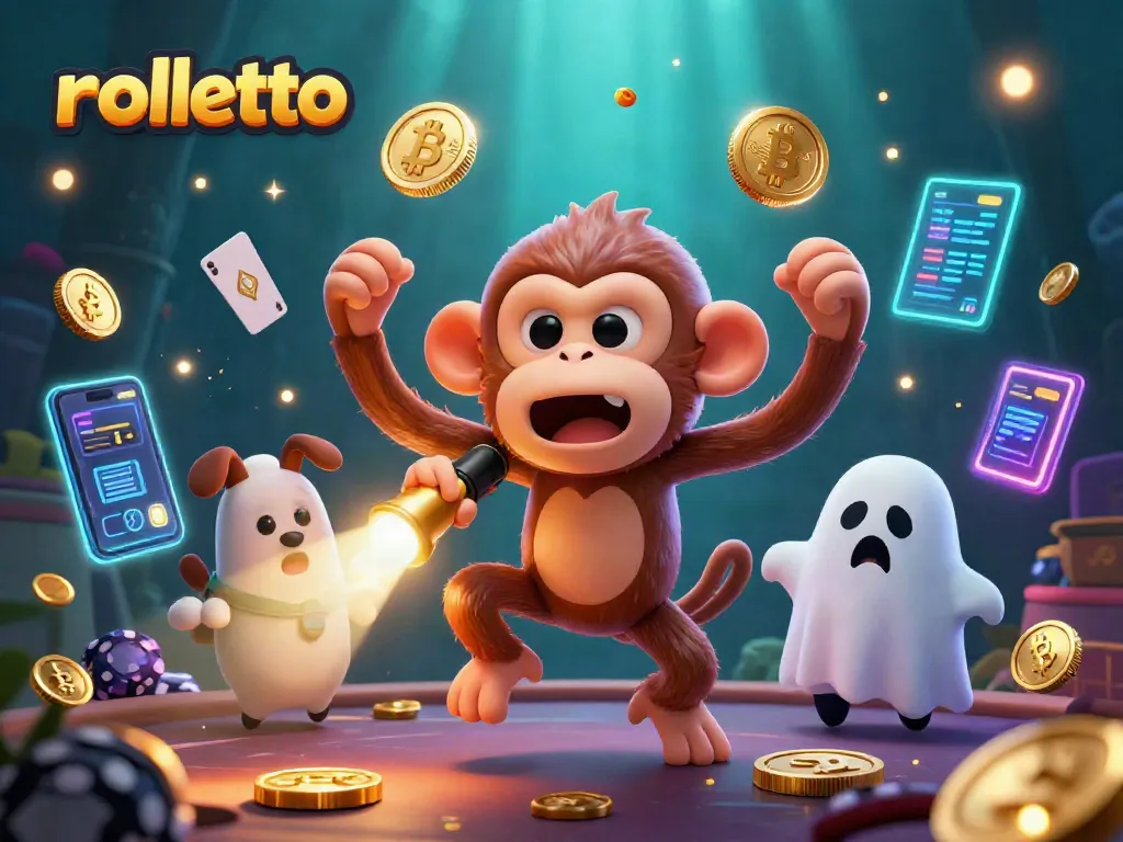 rolletto juggles coins in a haunted casino as a ghost-hunter puppy tracks it with a flashlight