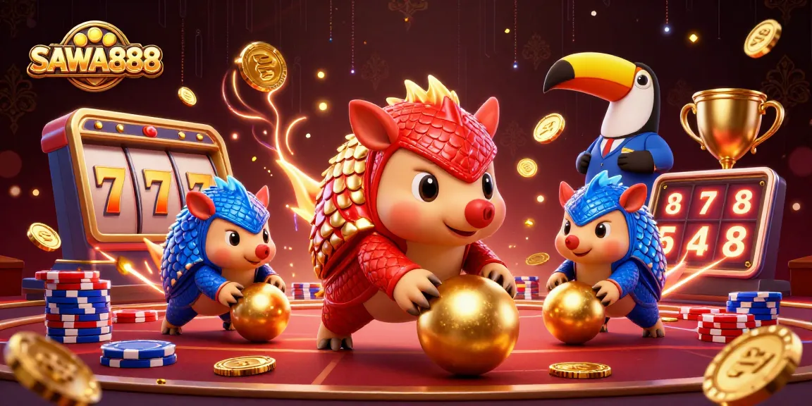 SAWA888 features vibrant illustrated pangolins in a gambling scene with slot reels and dynamic elements.