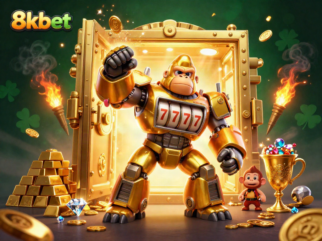 Spin to win with 8kbet's exciting golden gorilla mech in a treasure-filled casino scene!