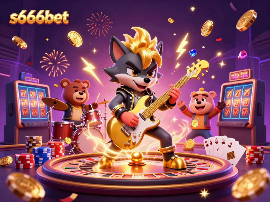 Experience thrilling gameplay at s666bet with rock star characters amidst stunning casino visuals.