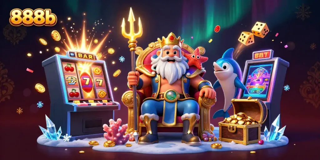 Experience the excitement at 888b with vibrant casino visuals featuring Neptune and treasures.