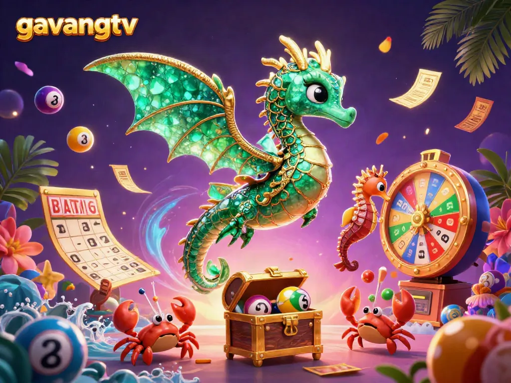 Join the excitement at GavangTV with vibrant lottery elements and a 3D sea dragon-themed scene.