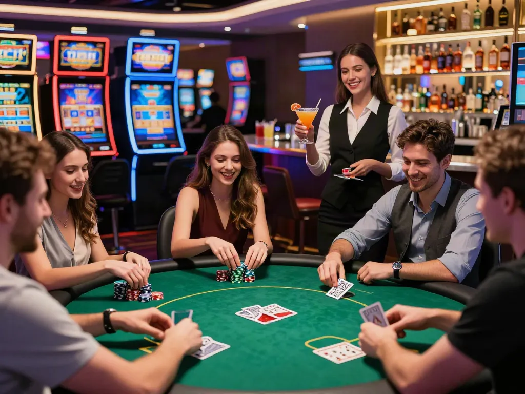 Group of friends enjoying non gamstop casinos uk experience at poker table with vibrant ambiance.