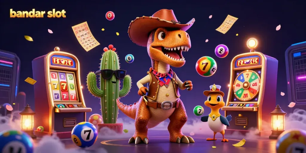 Engage with vibrant action at bandar slot featuring a cowboy dinosaur, cactus sidekick, and dynamic casino elements.