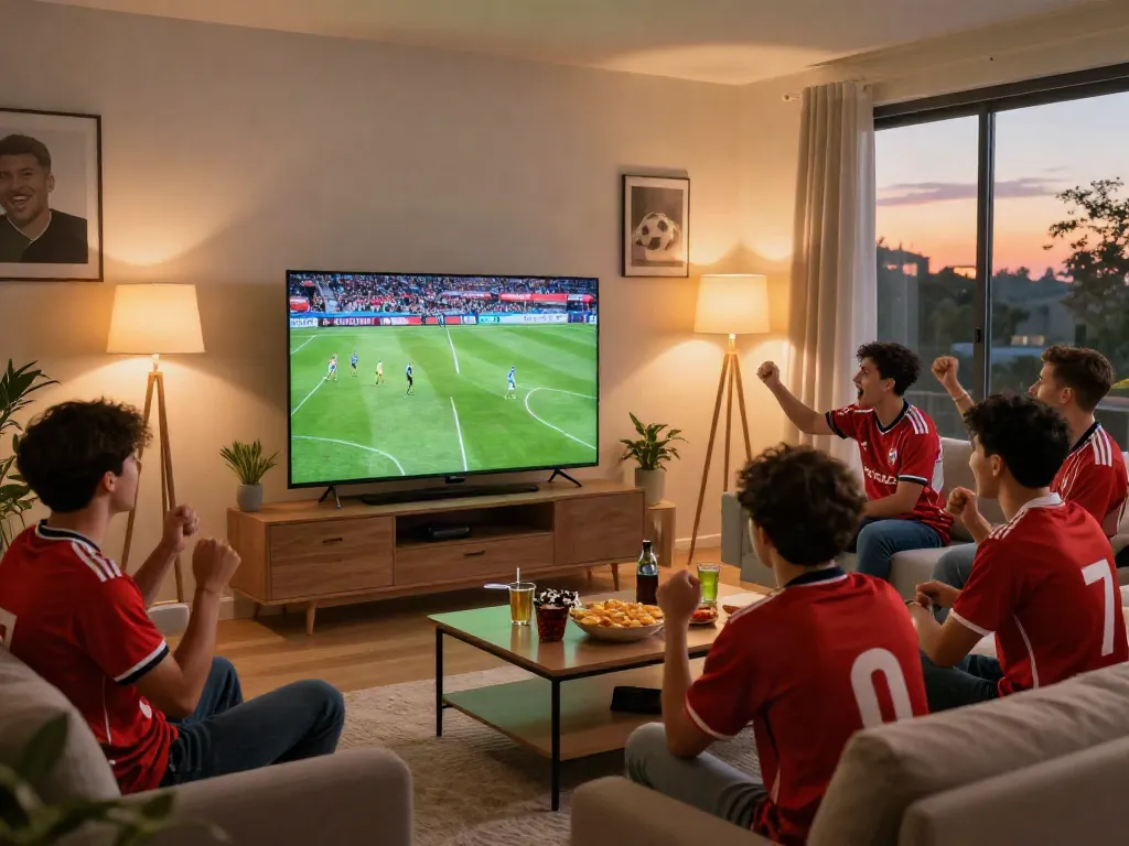 Fans enjoying a live football match on Xoilactv in a cozy living room.