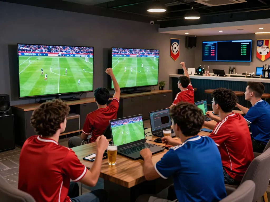 Excited fans at Socolive enjoying live soccer streaming in a vibrant sports lounge.