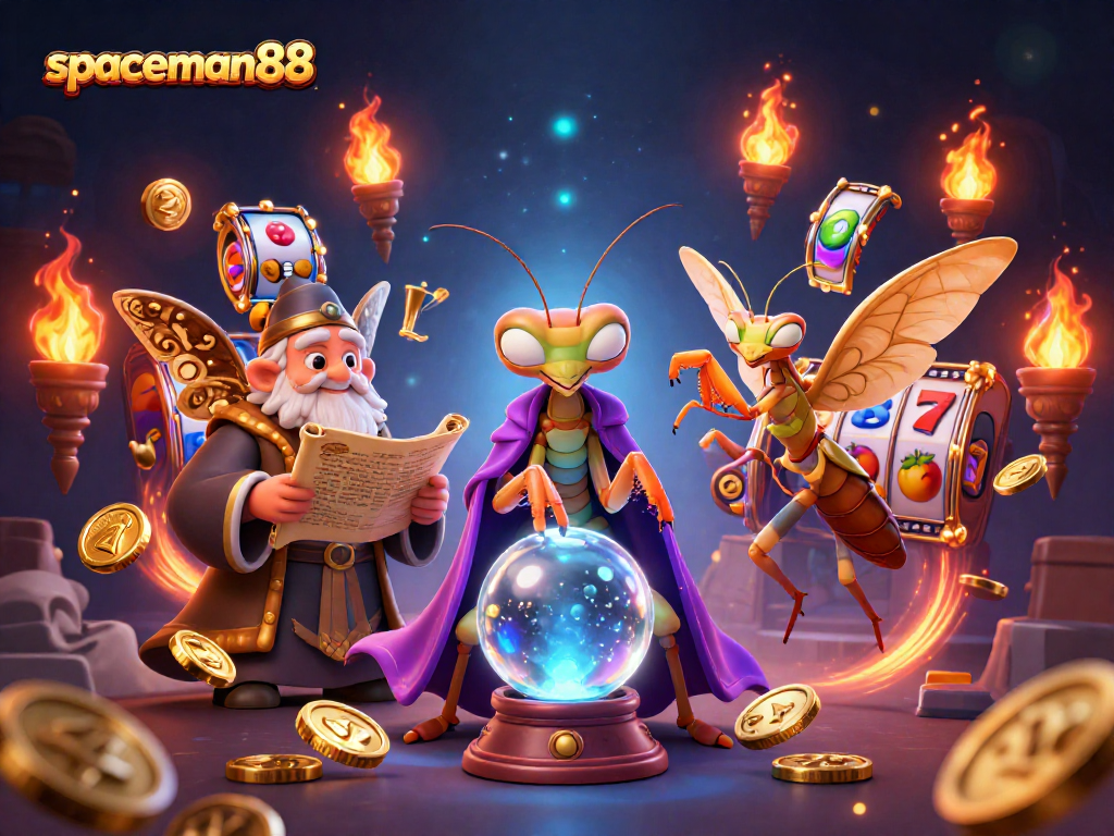 Experience the thrill of spaceman88 with vibrant slot reels and exciting game elements in a rich casino scene.