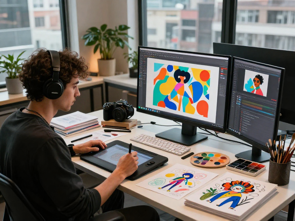 Artist creating vibrant nsfw ai digital artwork in a colorful studio filled with creative tools and natural light.