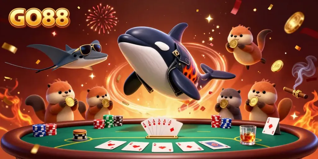 Experience exciting gambling with GO88 as a vibrant scene unfolds featuring cartoon characters and poker elements.