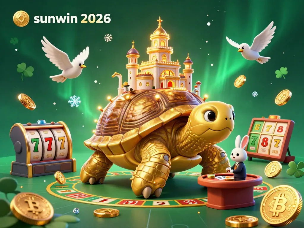 Engage in thrilling casino fun with the vibrant sunwin 2026 scene featuring a golden tortoise casino, dealer, and flying coins.