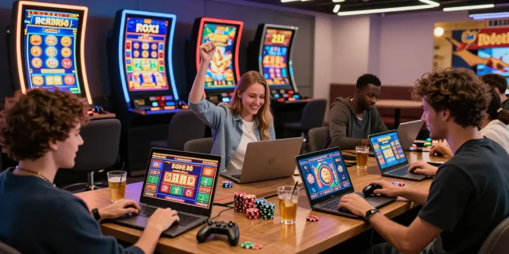 Players enjoying the rokok88 slot games in a lively casino atmosphere, showcasing digital engagement and excitement.