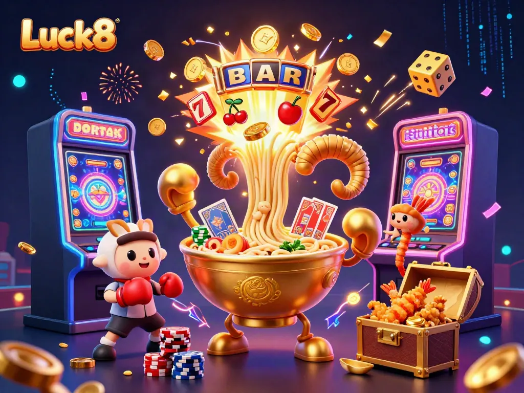 Luck8's vibrant casino atmosphere with a giant ramen bowl character, slot machine, and jubilant energy.