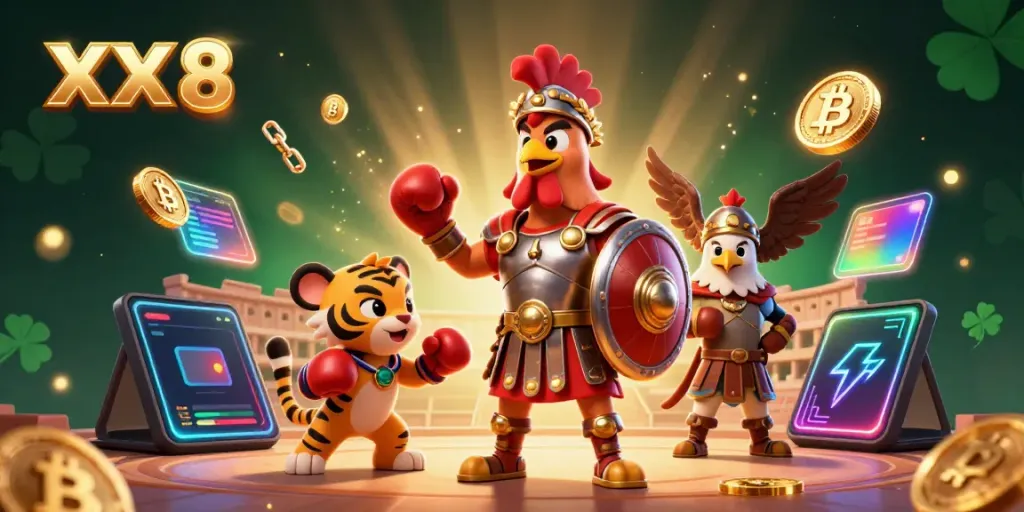 Engage with thrilling XX 8 gaming experiences among gladiators and crypto symbols in vibrant 3D