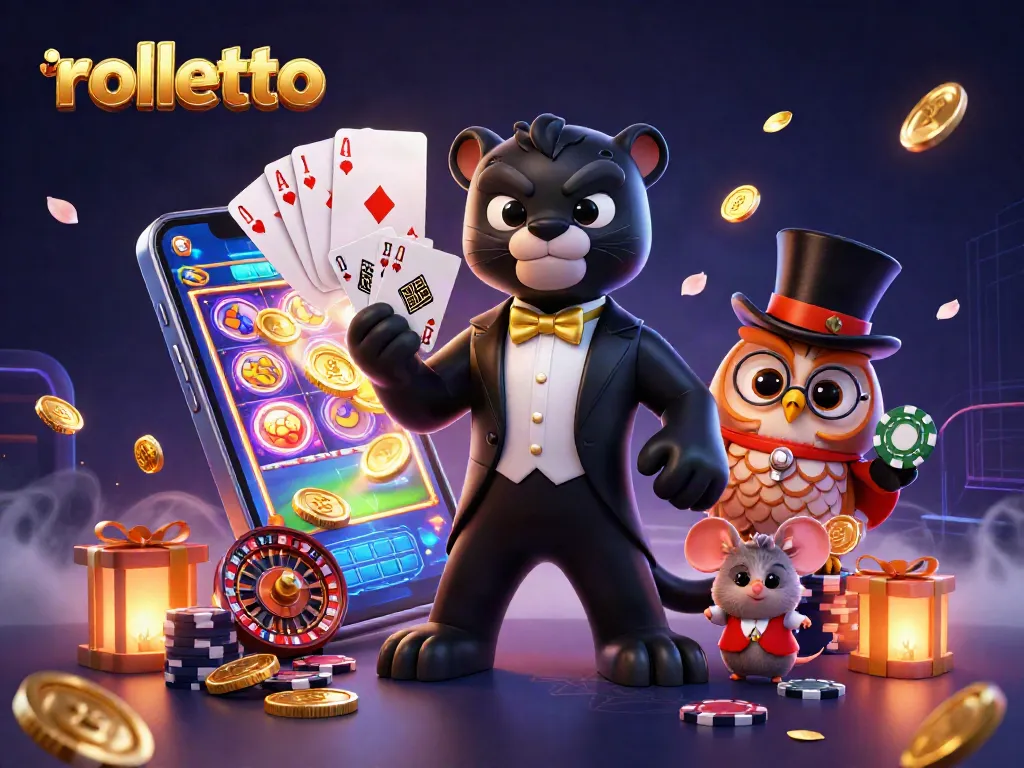 Experience rolletto casino excitement with a stylish panther dealer and charming owl amidst vibrant gaming elements.