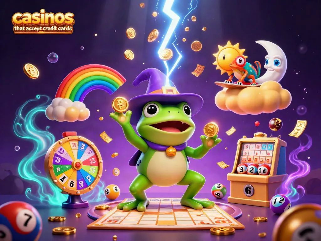 Immerse in the thrilling world of casinos that accept credit cards with a dynamic scene of a wizard frog and chameleon elements.