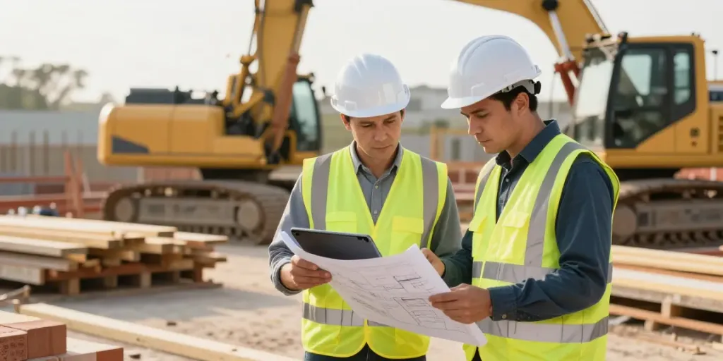 quantity surveyor for builders evaluating a construction site with blueprints and tablet