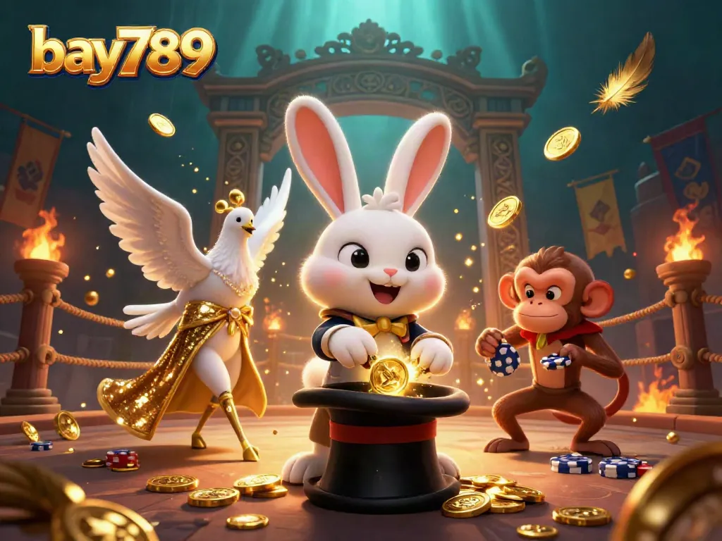 Engage with bay789's magical casino experience featuring a rabbit magician, dove assistant, and playful monkey.