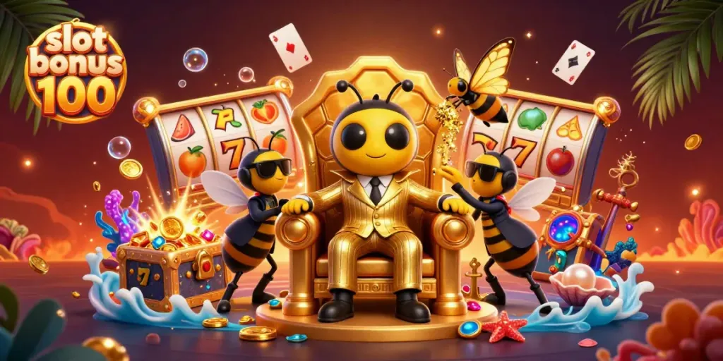 Engage with slot bonus 100 in this vibrant casino scene featuring a cartoon bumblebee mob boss surrounded by slot elements and treasure.