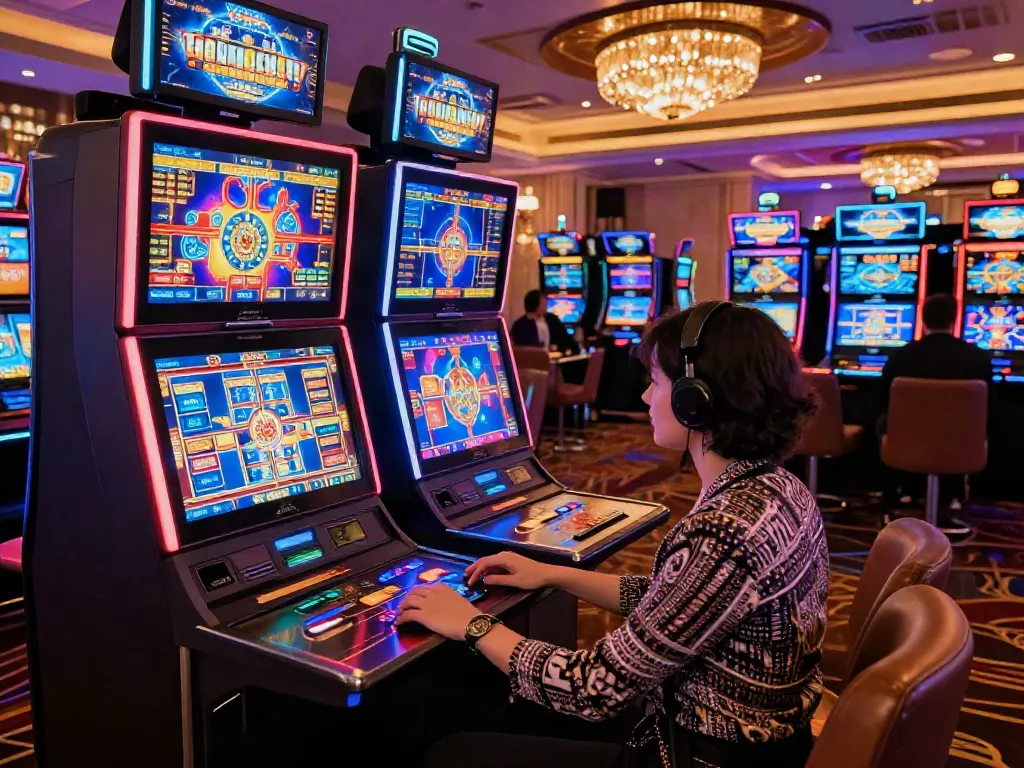Player enjoying games at an online casino that accepts credit cards, surrounded by vibrant slot machines and lively ambiance.