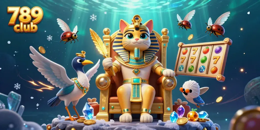 Experience the exciting 789 club with a vibrant 3D pharaoh cat and dynamic slot elements.