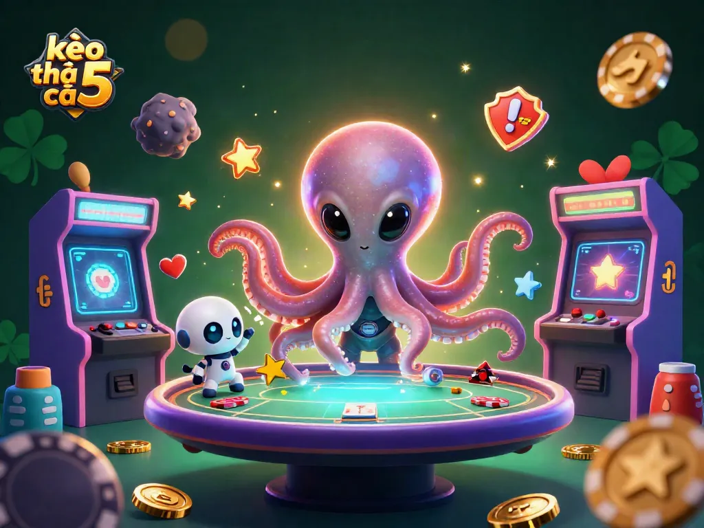 Enhance your betting with kèo nhà cái 5, featuring a vibrant scene of an alien octopus at a holographic poker table.