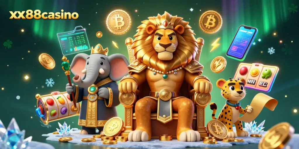 Engage in thrilling gameplay at xx88casino featuring a lion king and vibrant slot symbols.