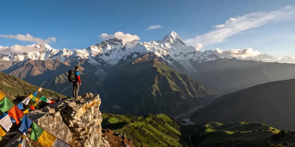 Hombre en el Manaslu Circuit mirando las montañas imponentes al atardecer