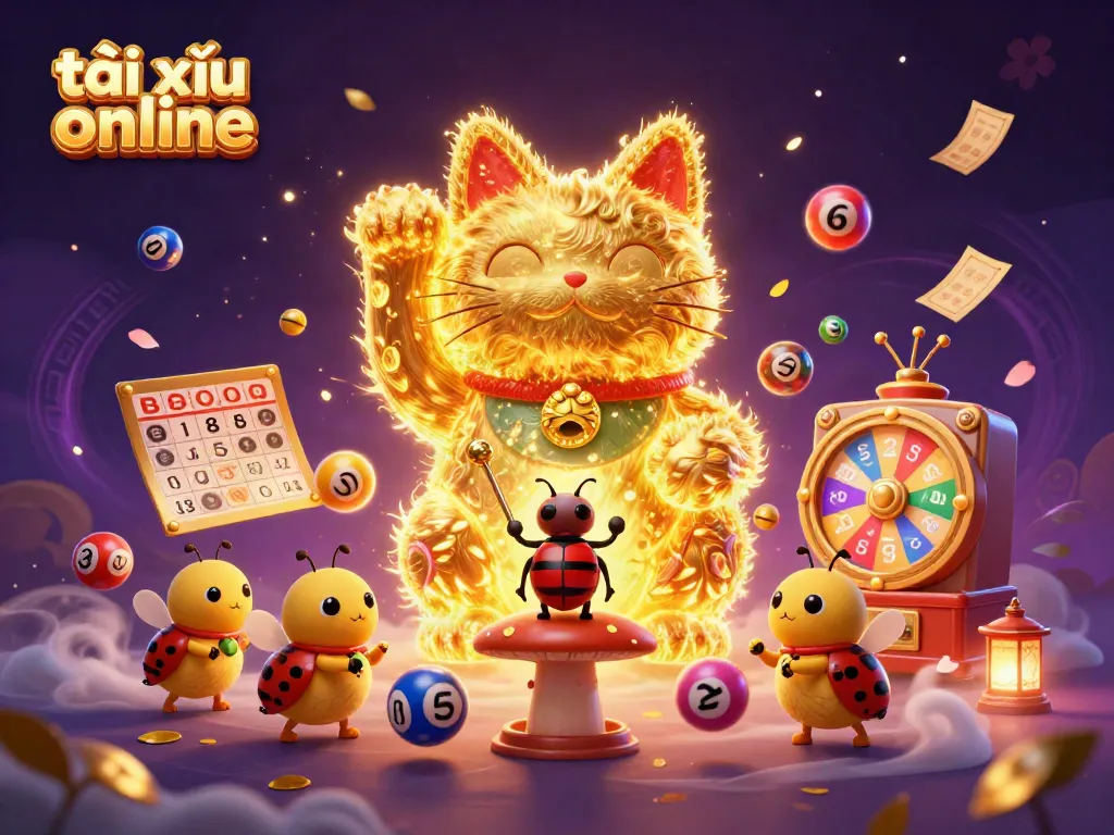 Engaging illustration showcasing tài xỉu online with vibrant casino symbols, colorful lottery elements, and a lucky cat amidst dynamic action.