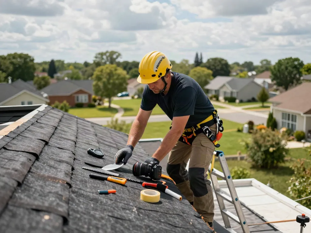 Expert roofer inspecting a felt roof with essential tools, showcasing home improvement services.