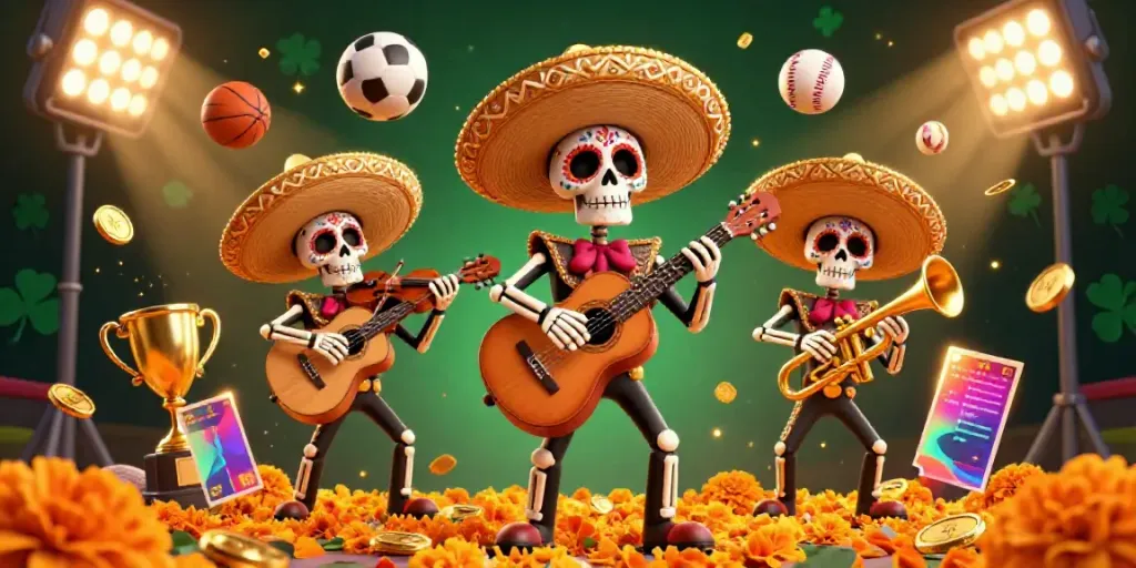 Experience the excitement of 7M sports betting with a vibrant mariachi scene featuring dynamic sports balls and trophy elements.
