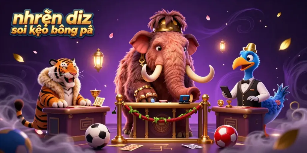 nhận định soi kèo bóng đá scene with a woolly mammoth bouncer, saber-tooth tiger VIP, and dodo doorman amidst dynamic sports betting elements.